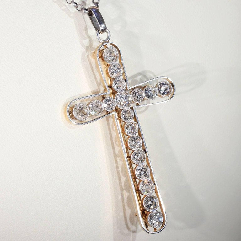 Edwardian European Cut Diamond Cross Pendant Brooch