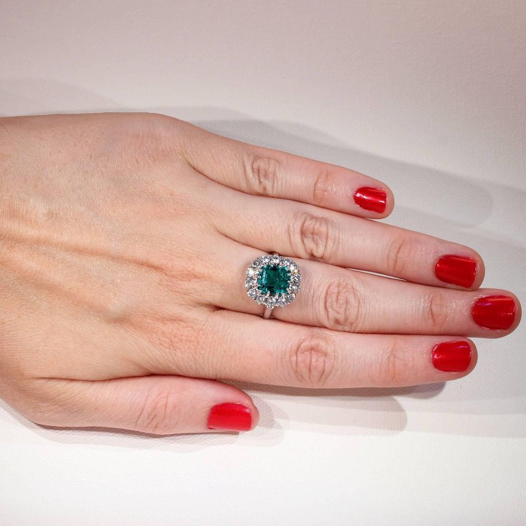 French Art Deco Columbian Emerald Diamond Cluster Ring