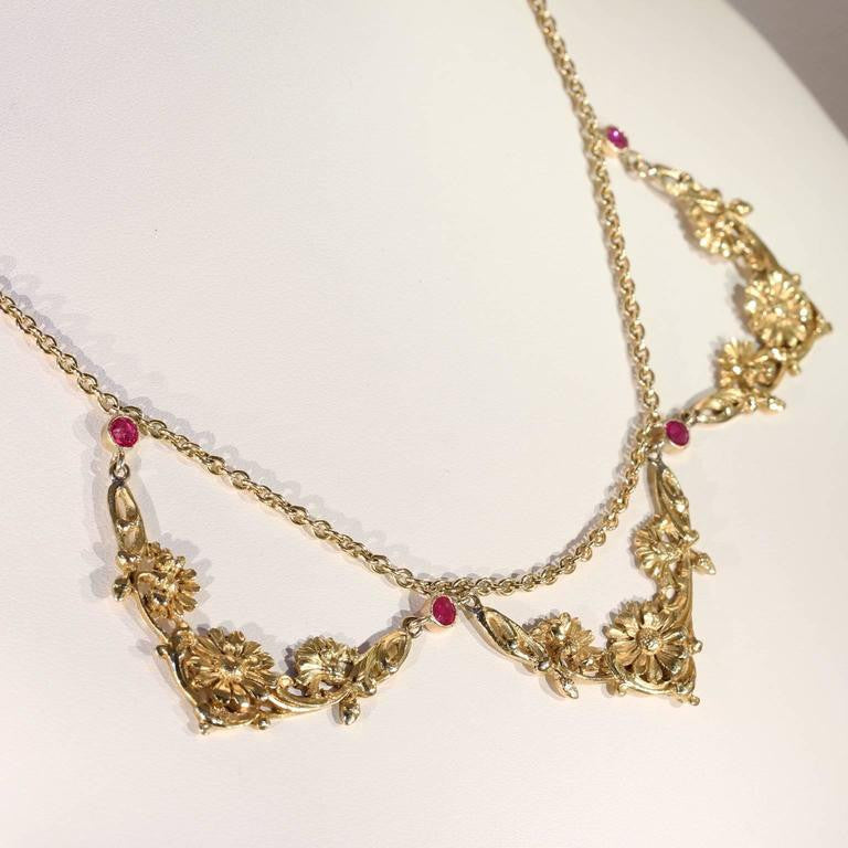 Art Nouveau Ruby Gold Necklace French Floral