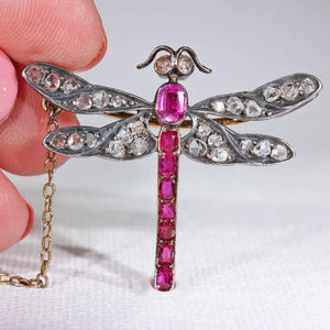 Art Nouveau French Ruby Diamond Dragonfly Brooch