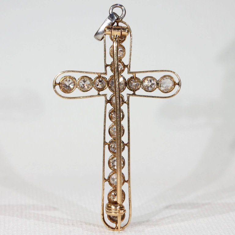 Edwardian European Cut Diamond Cross Pendant Brooch