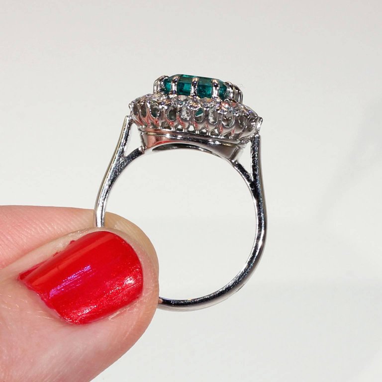 French Art Deco Columbian Emerald Diamond Cluster Ring