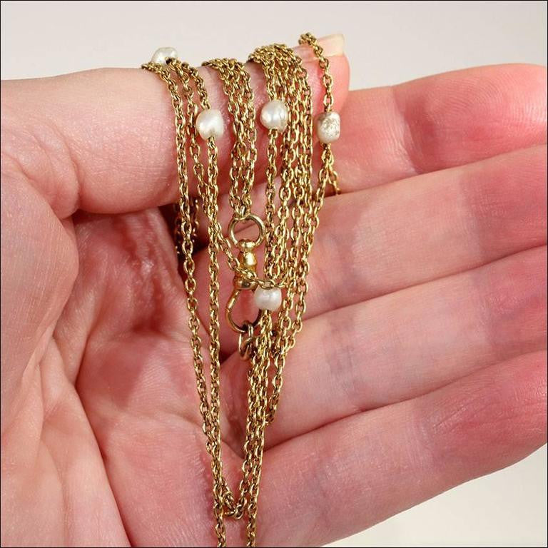 Victorian Pearl Triple Chain 14k Gold Necklace
