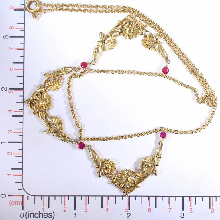 Art Nouveau Ruby Gold Necklace French Floral