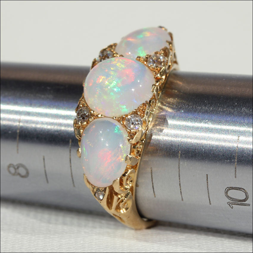 Antique Edwardian 3 Stone Opal and Diamond Ring in 18k Gold