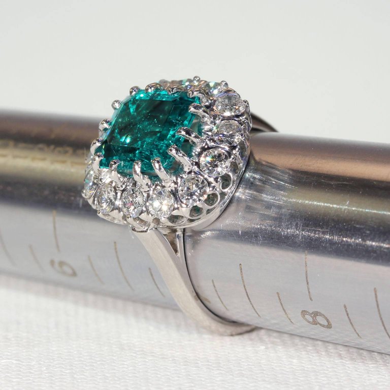 French Art Deco Columbian Emerald Diamond Cluster Ring