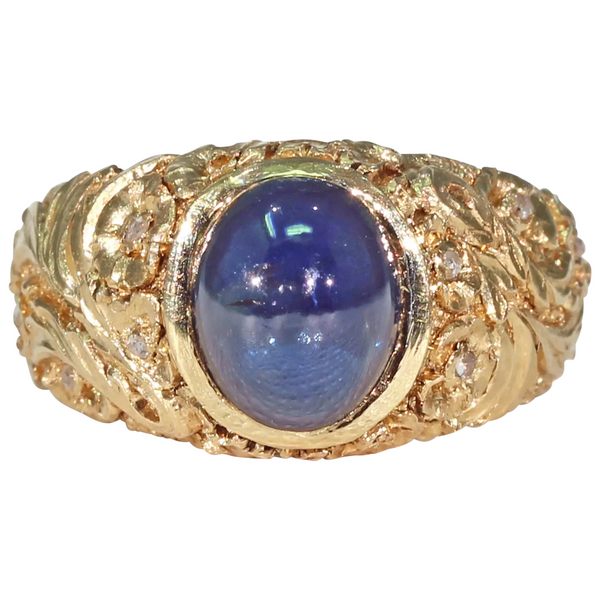 Edwardian 18ct Gold, Cabochon Sapphire & Diamond Ring (323P) | The Antique  Jewellery Company