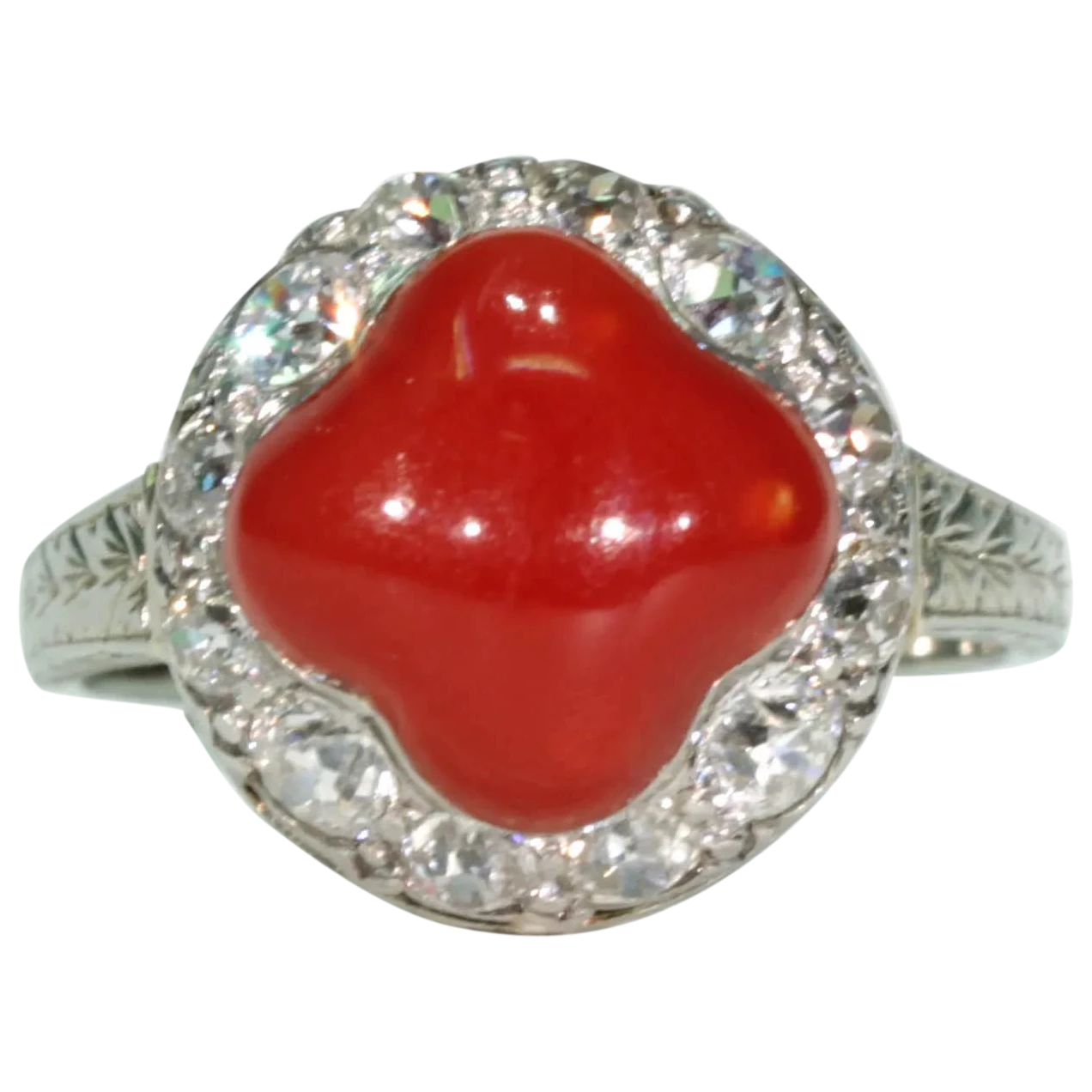 Antique Art Deco Red Coral Diamond Ring 14k White Gold