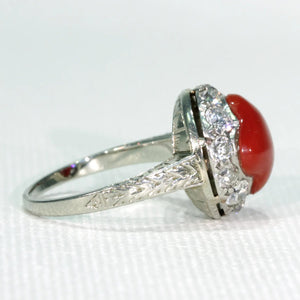 Antique Art Deco Red Coral Diamond Ring 14k White Gold