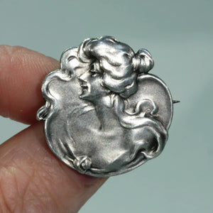 Antique Art Nouveau Silver Woman Brooch Pin