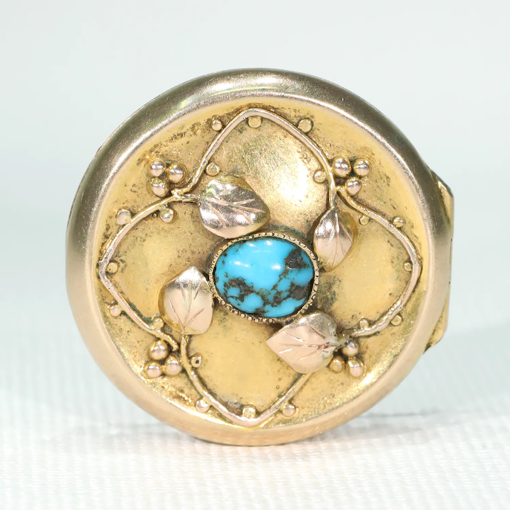 Antique Arts and Crafts Turquoise Gold Brooch Locket