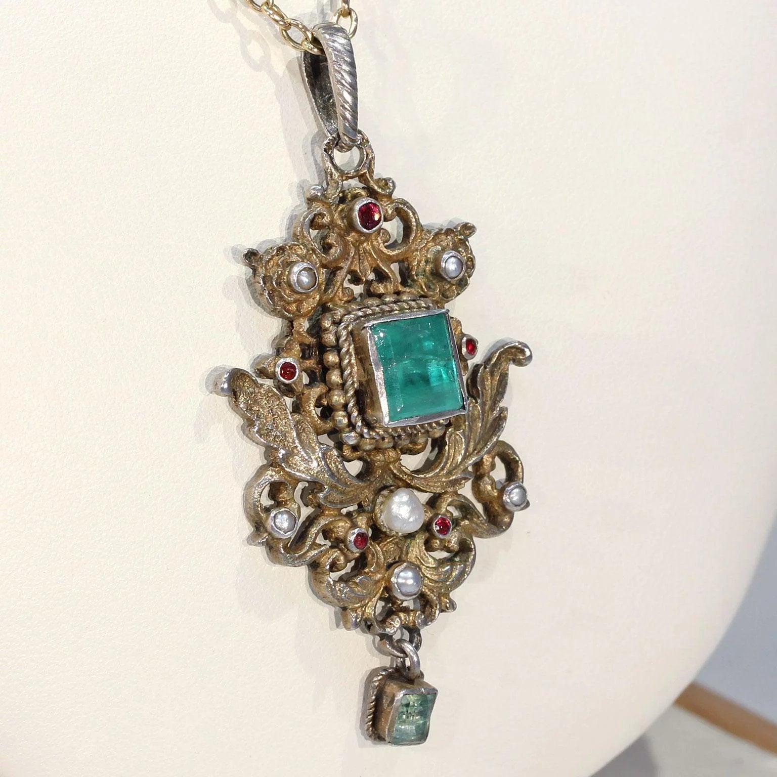 Antique Austro-Hungarian Emerald Pendant with Pearls and Rubies