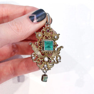 Antique Austro-Hungarian Emerald Pendant with Pearls and Rubies