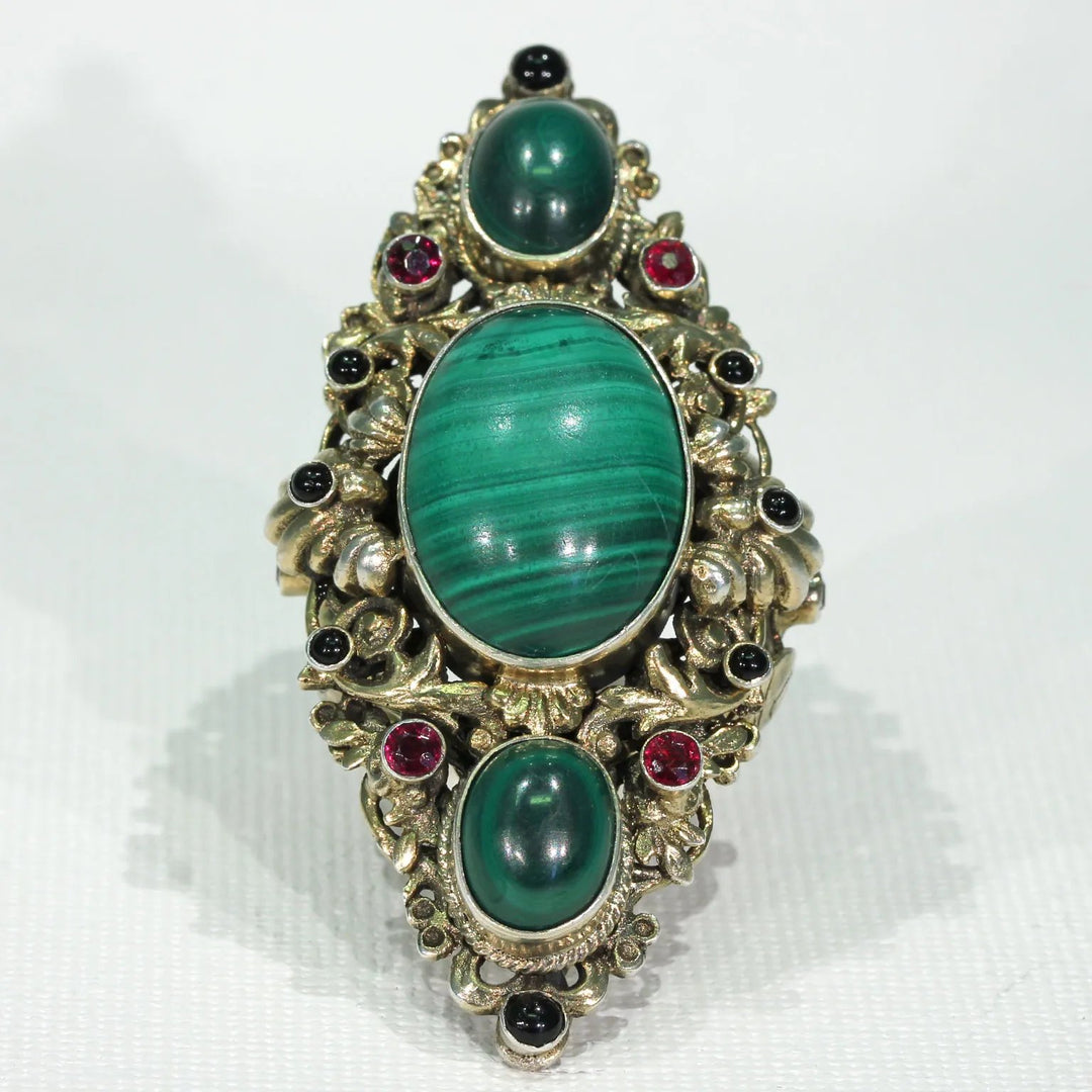 Antique Austro-Hungarian Malachite Garnet Ring in Silver Gilt