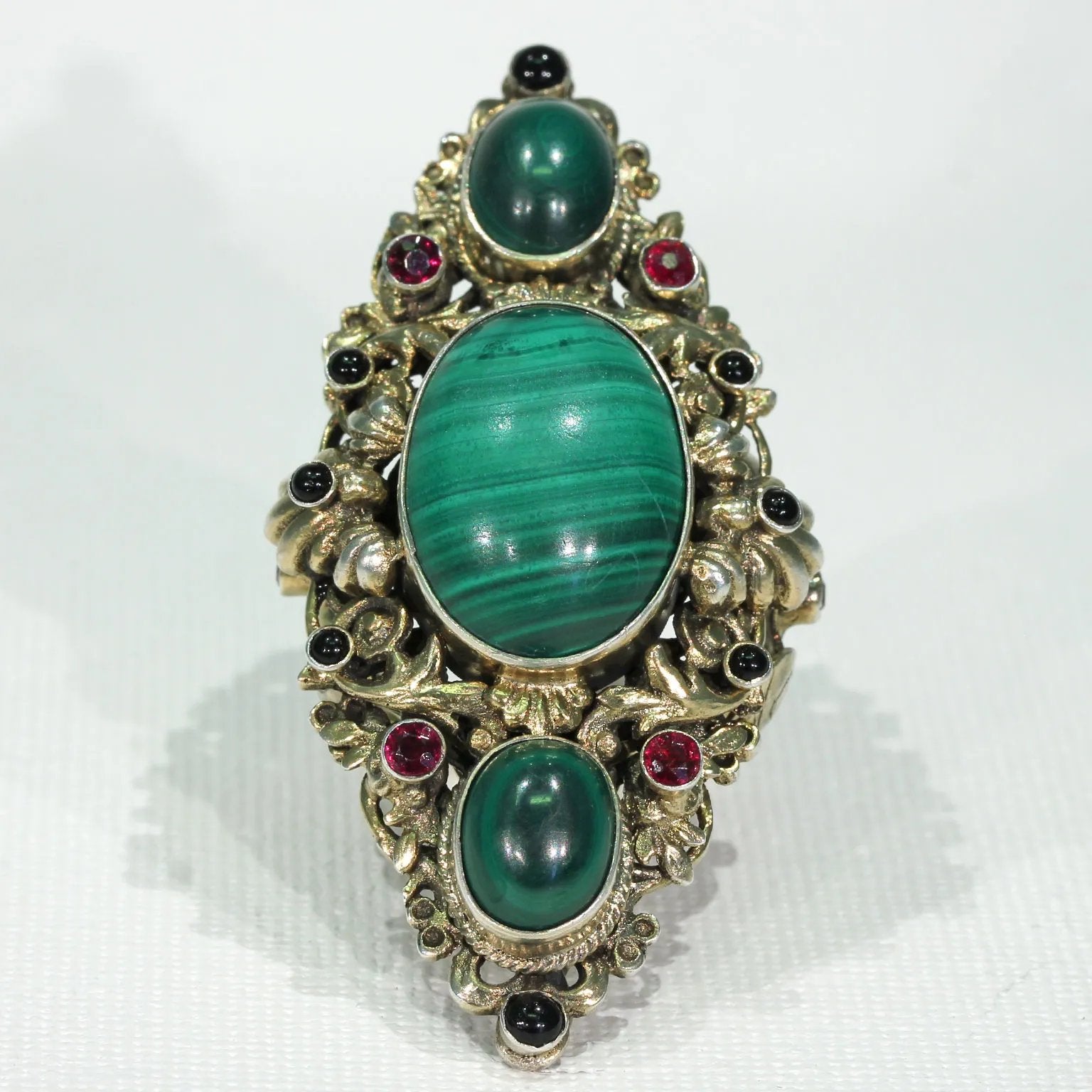 Antique Austro-Hungarian Malachite Garnet Ring in Silver Gilt