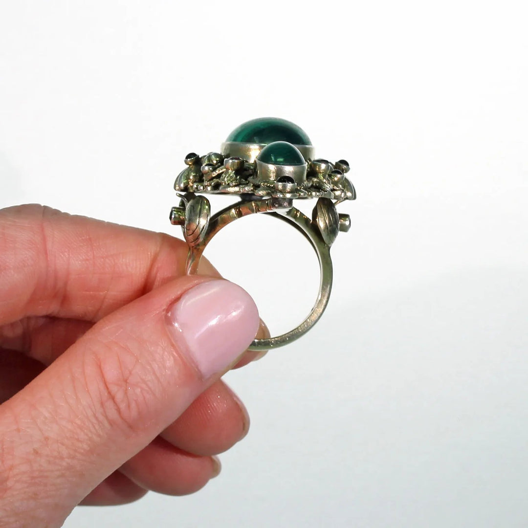 Antique Austro-Hungarian Malachite Garnet Ring in Silver Gilt