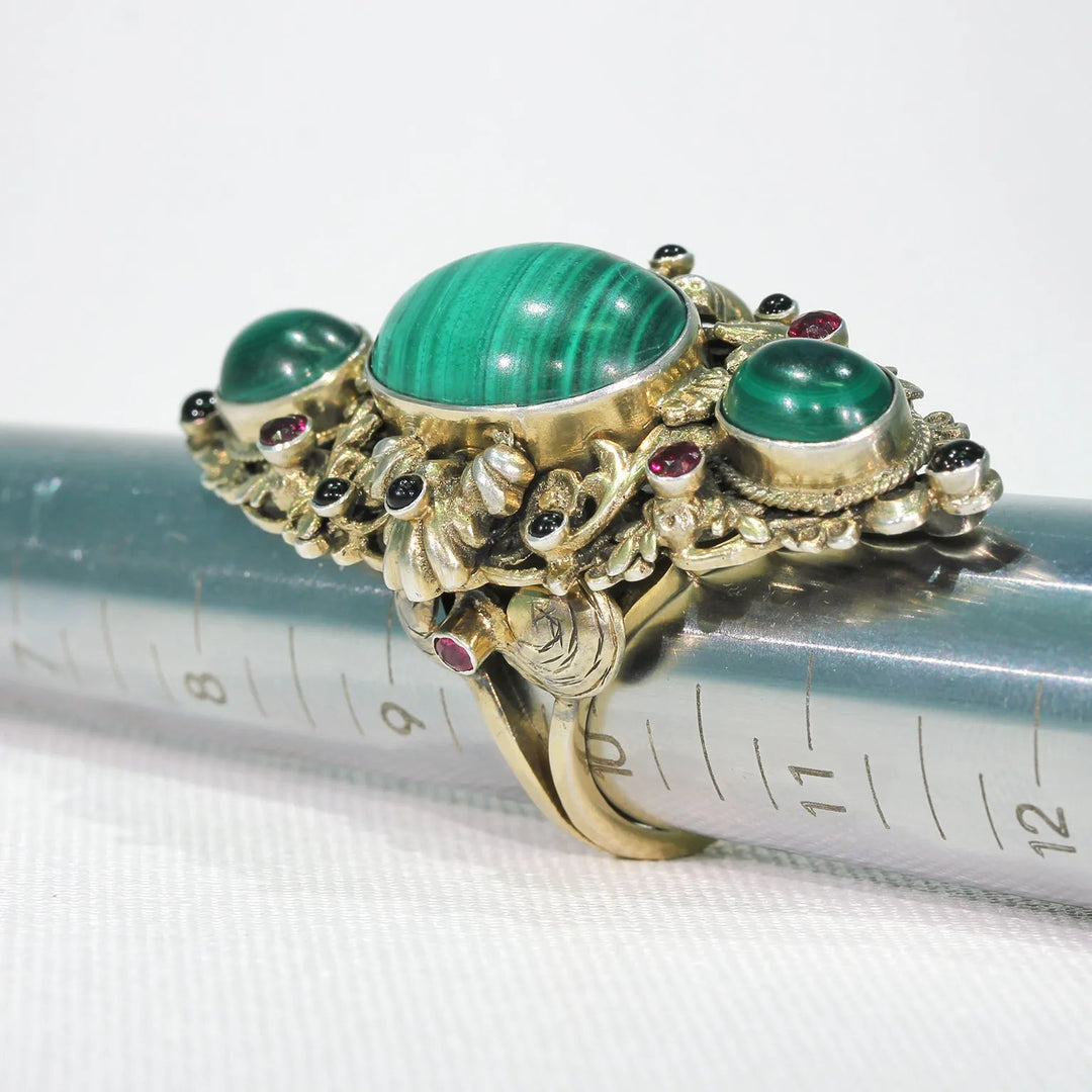 Antique Austro-Hungarian Malachite Garnet Ring in Silver Gilt
