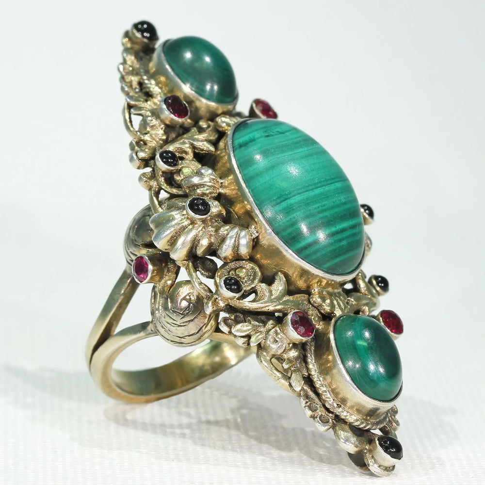Antique Austro-Hungarian Malachite Garnet Ring in Silver Gilt
