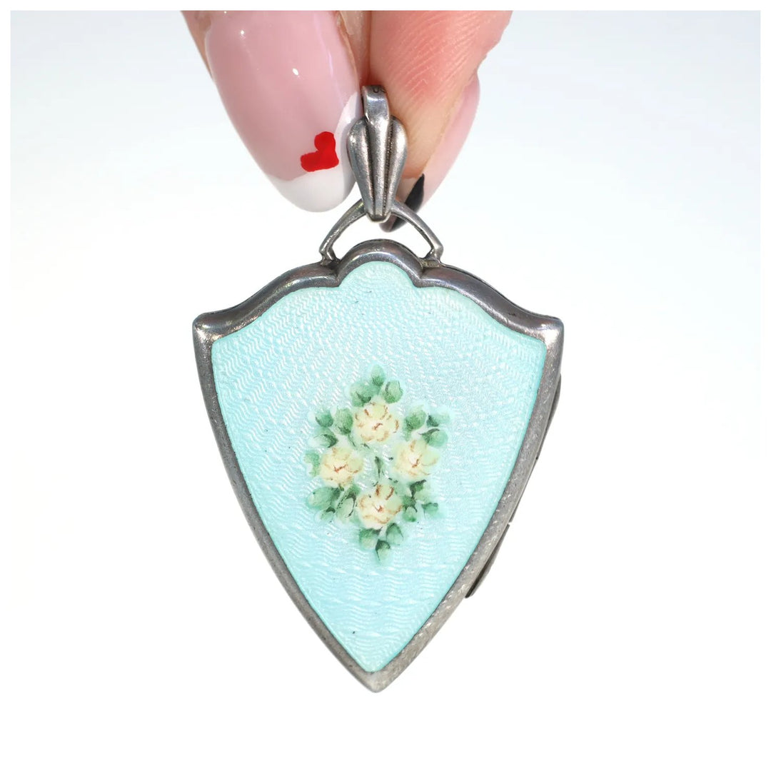 Antique Baby Blue Flowers Enamel Silver Locket