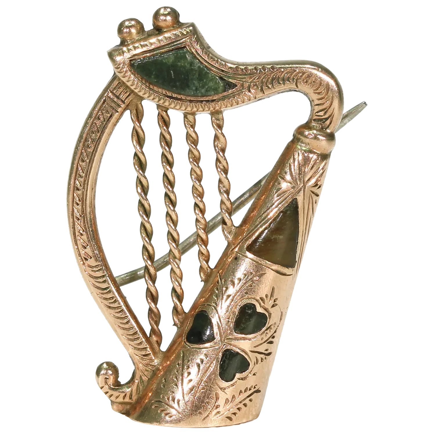 Antique Connemara Marble Gold Scottish Harp Brooch Pin
