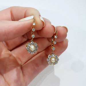 Antique Edwardian Diamond Pearl Cluster Earrings in 18k Gold