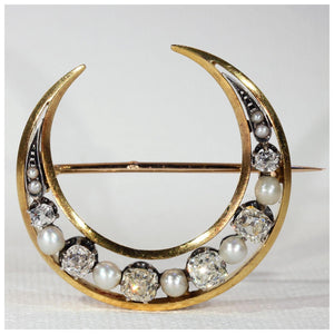 Antique French Diamond Pearl Crescent Brooch Pendant