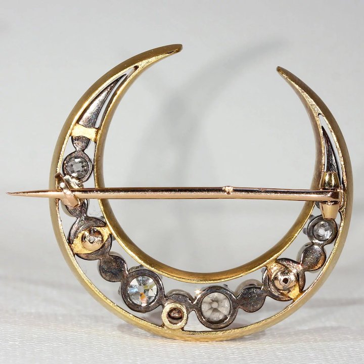 Antique French Diamond Pearl Crescent Brooch Pendant
