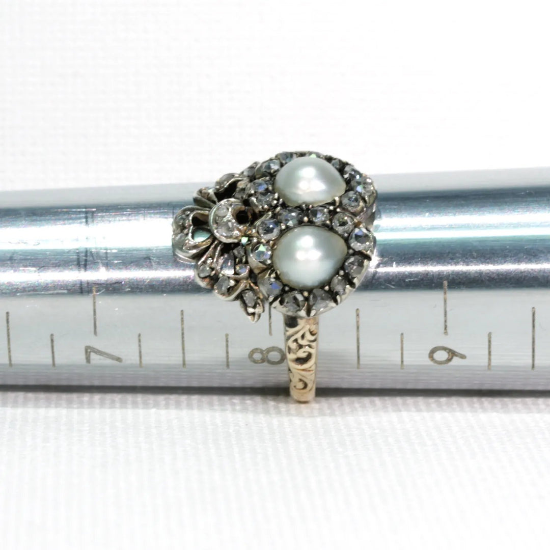 Antique French Double Heart Pearl Diamond Ring