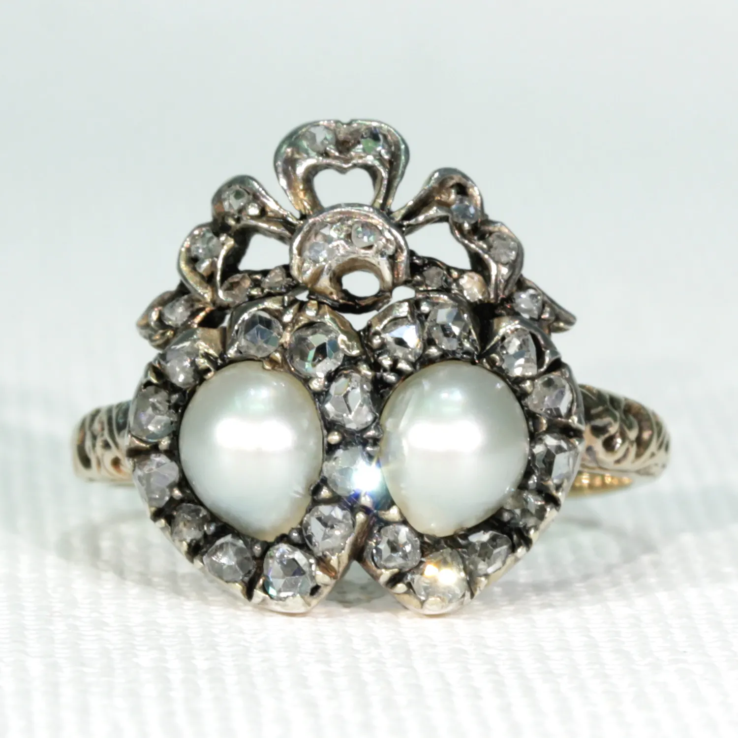 Antique French Double Heart Pearl Diamond Ring