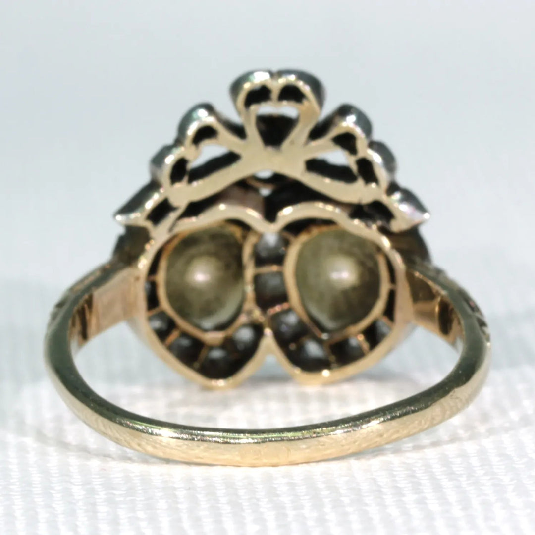 Antique French Double Heart Pearl Diamond Ring
