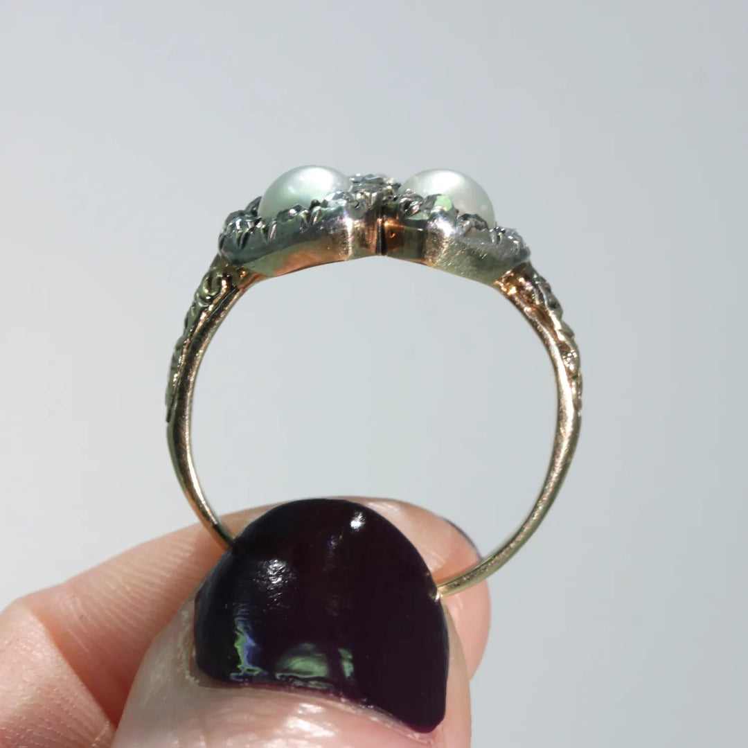 Antique French Double Heart Pearl Diamond Ring