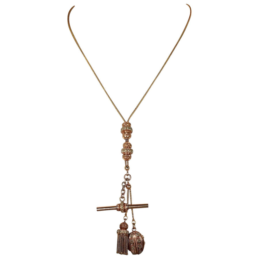 Antique French Gold Watch Chain Necklace Locket Tassel T-bar