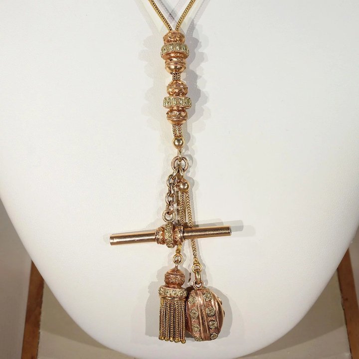 Antique French Gold Watch Chain Necklace Locket Tassel T-bar