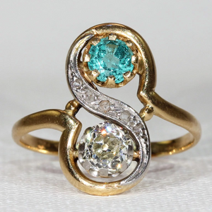 Antique French Toi et Moi Diamond Emerald Ring 18k Gold Platinum