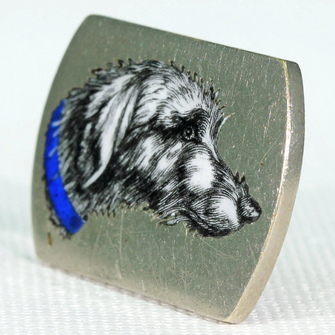 Antique French Wolf Hound Enamel Wedding Set Brooch and Stud Silver