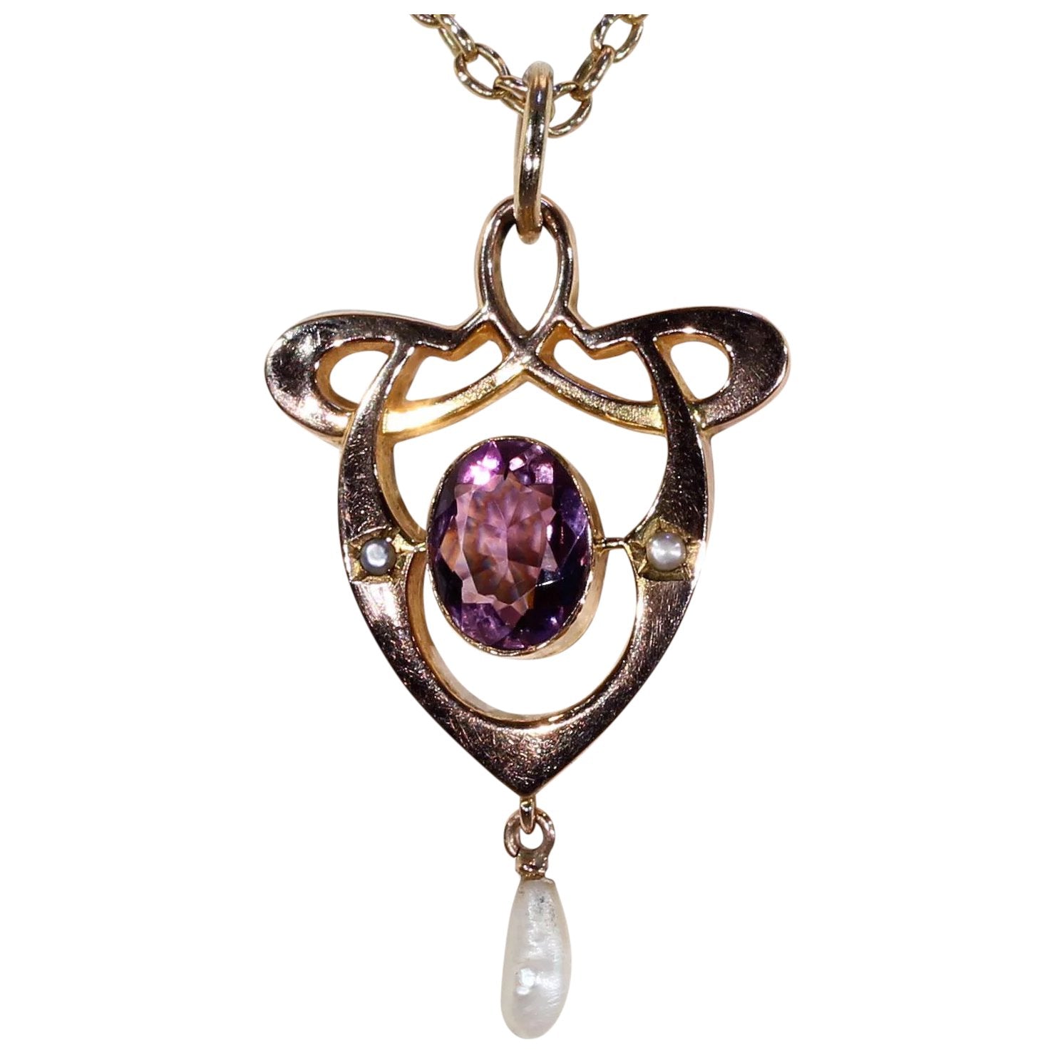 Antique Gold Art Nouveau Pearl Amethyst Pendant