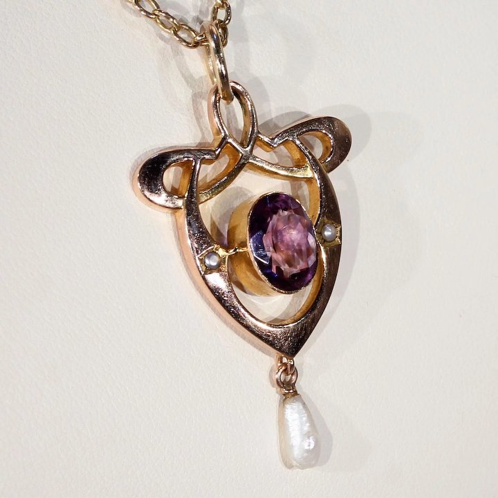 Antique Gold Art Nouveau Pearl Amethyst Pendant