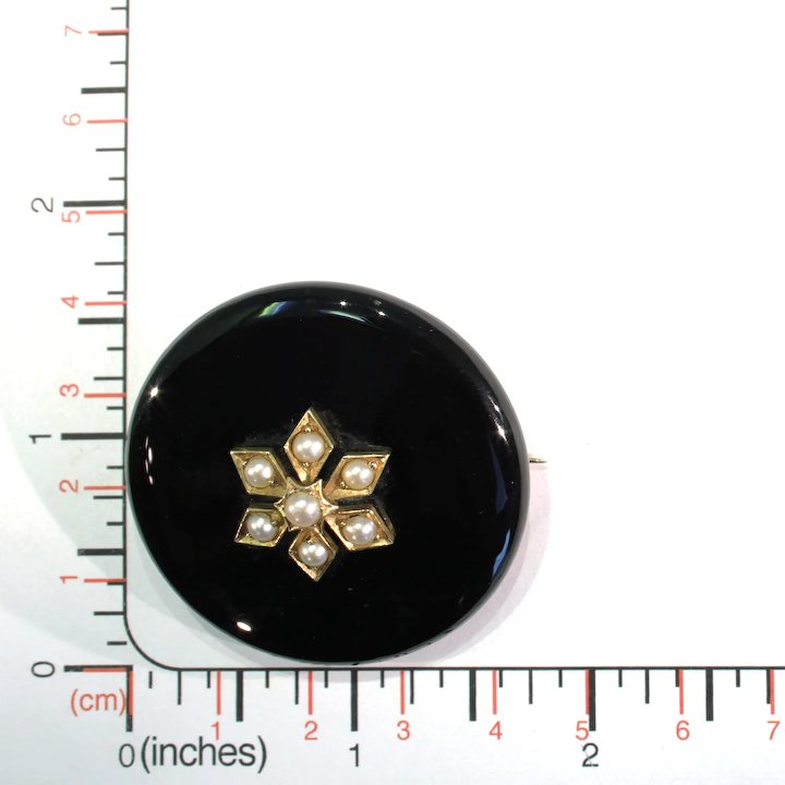 Antique Gold Black Onyx Pearl Memorial Brooch Pin 18kt