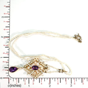 Antique Gold Enamel Amethyst Pearl Pendant Necklace on Pearl Chain