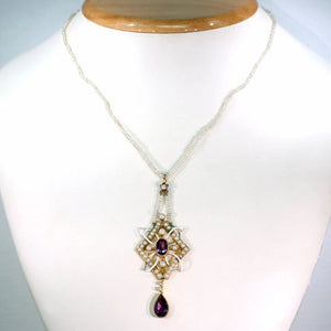 Antique Gold Enamel Amethyst Pearl Pendant Necklace on Pearl Chain