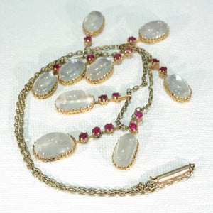 Antique Gold Ruby Moonstone Fringe Necklace