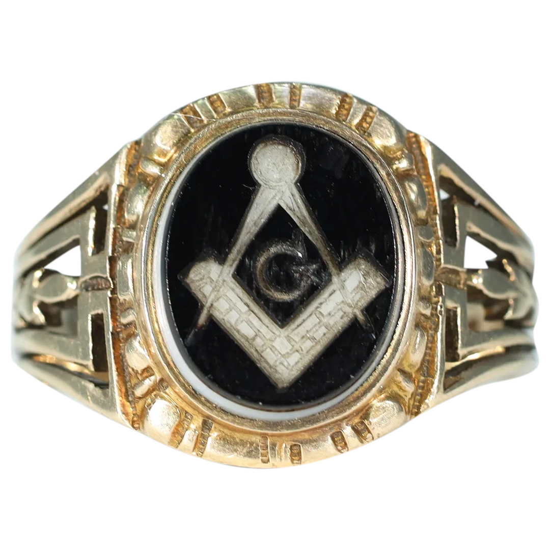 Antique Gold Sardonyx Carved Masonic Ring Intaglio
