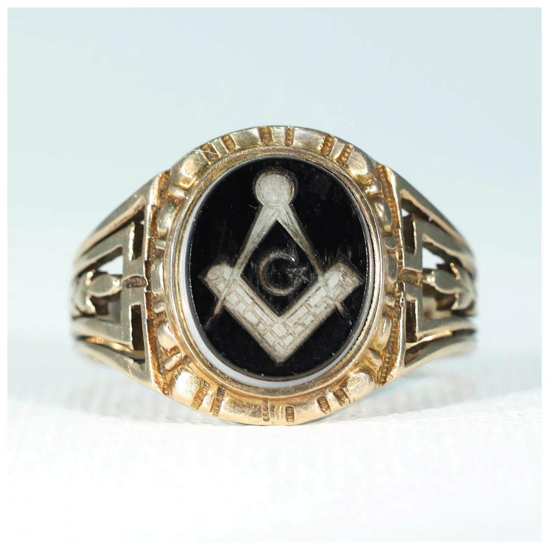 Antique Gold Sardonyx Carved Masonic Ring Intaglio