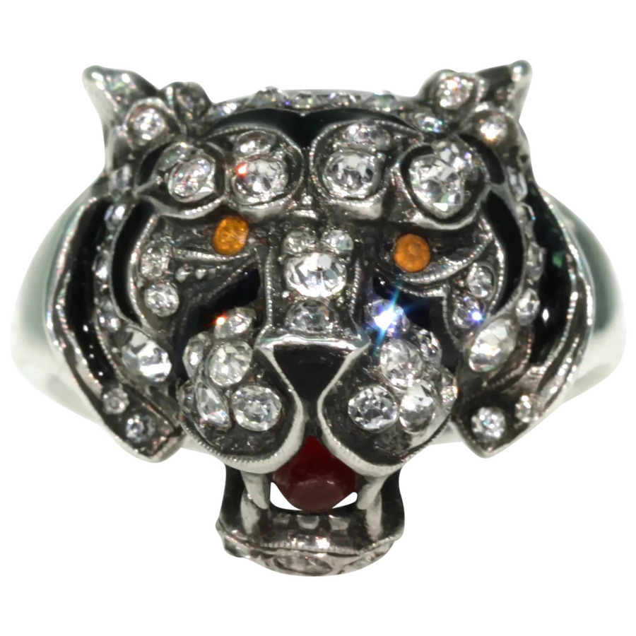 Antique Knoll & Pregizer Tiger Head Ring Paste Enamel