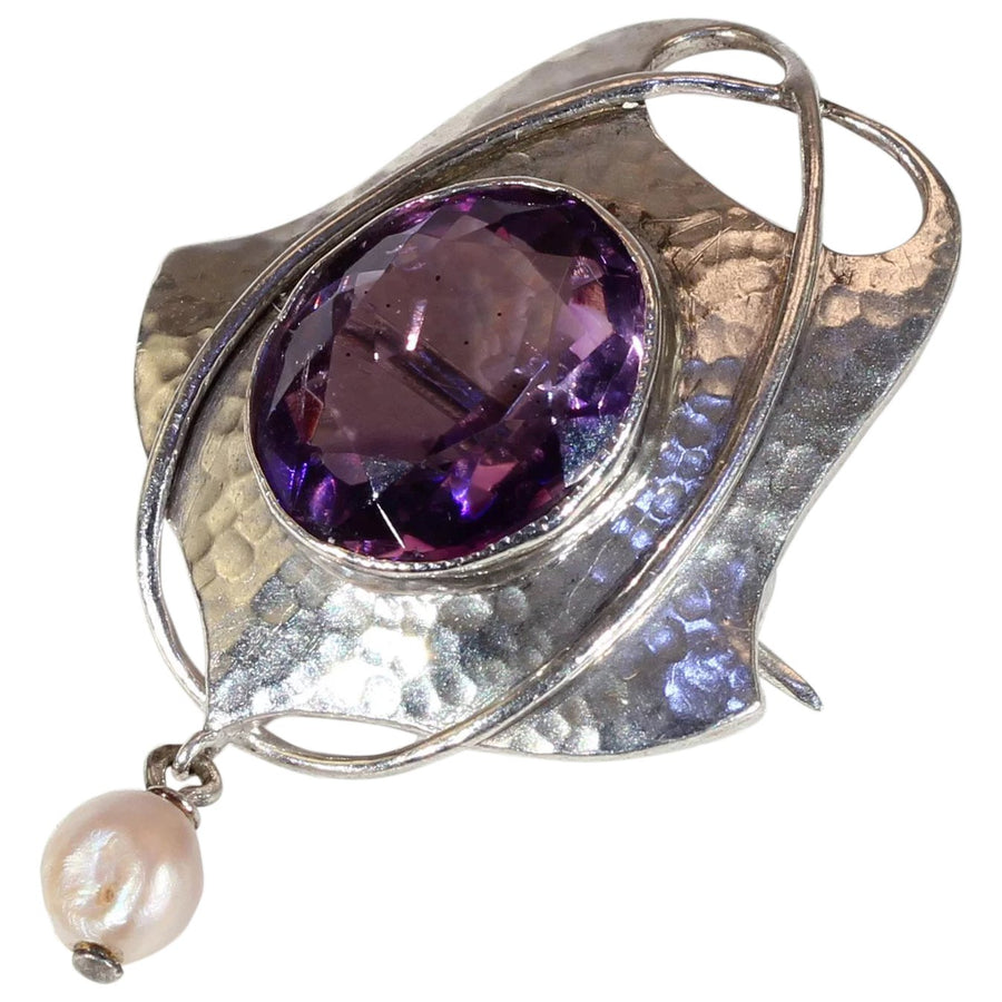 Antique Murrle Bennett & Company Amethyst Silver Brooch Pearl Drop