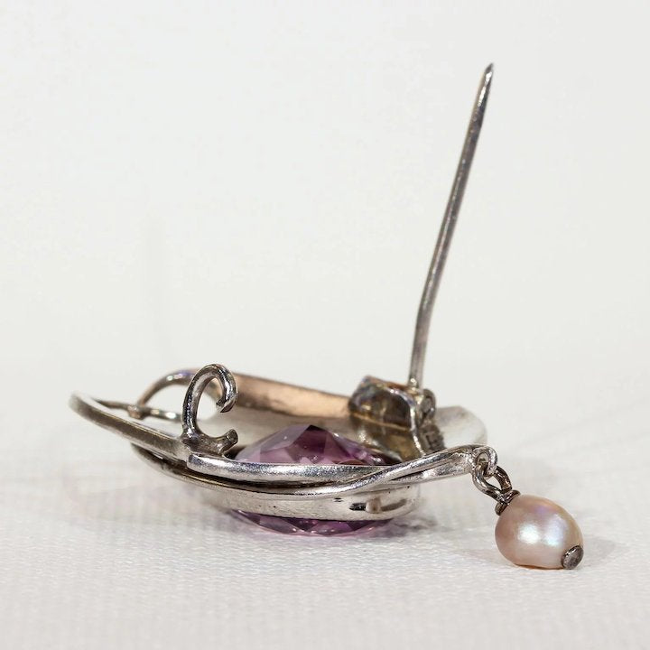 Antique Murrle Bennett & Company Amethyst Silver Brooch Pearl Drop