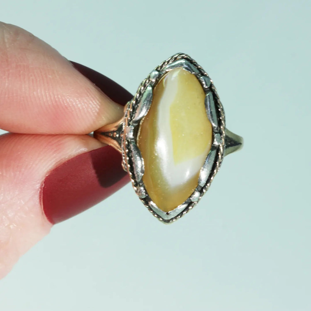 Antique Navette Gold Agate Ring