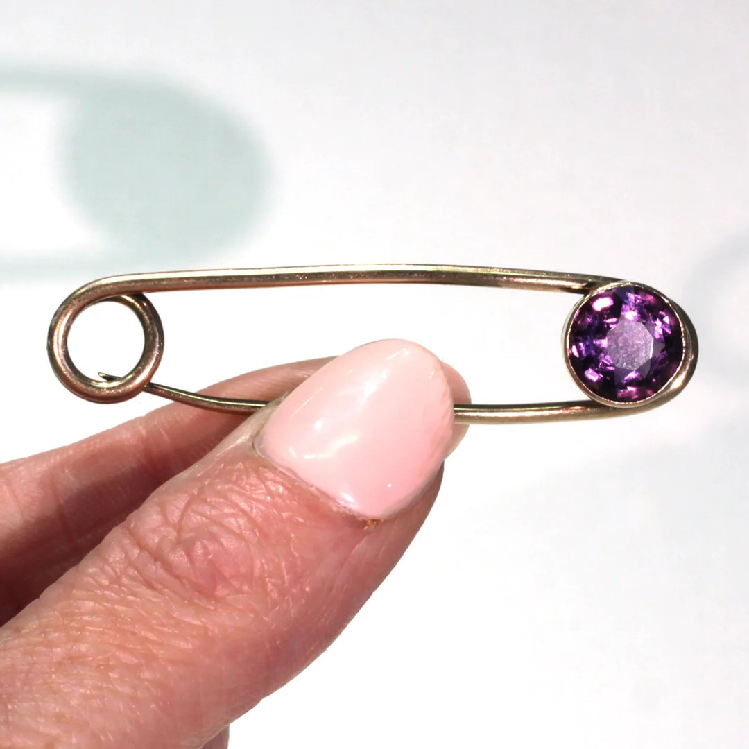 Antique Rose Gold Faceted Amethyst Safety Pin