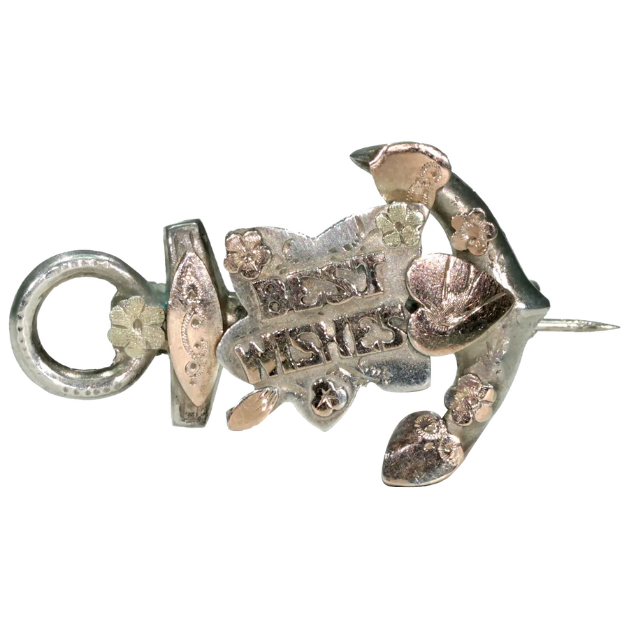 Antique Silver Sweetheart Brooch Pin "Best Wishes" Edwardian