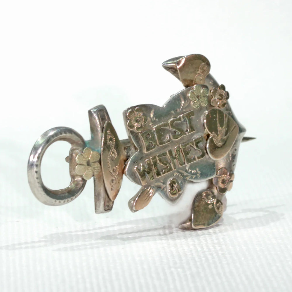 Antique Silver Sweetheart Brooch Pin "Best Wishes" Edwardian